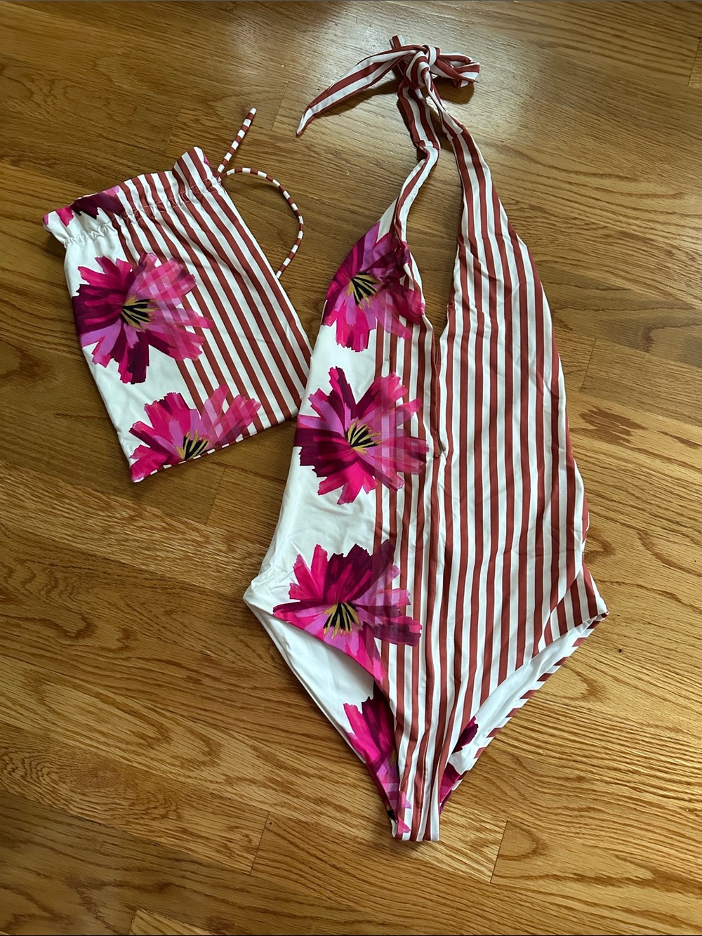 Silvia Tcherassi Macumba Striped & Floral Halter One-Piece Swimsuit